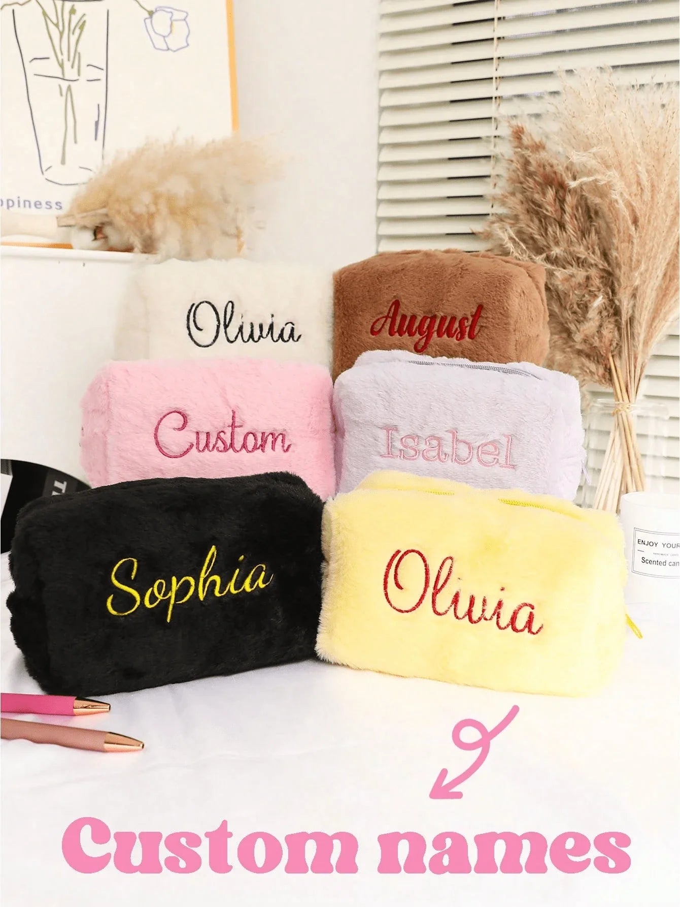 Customized Furry Embroidered Makeup Bag