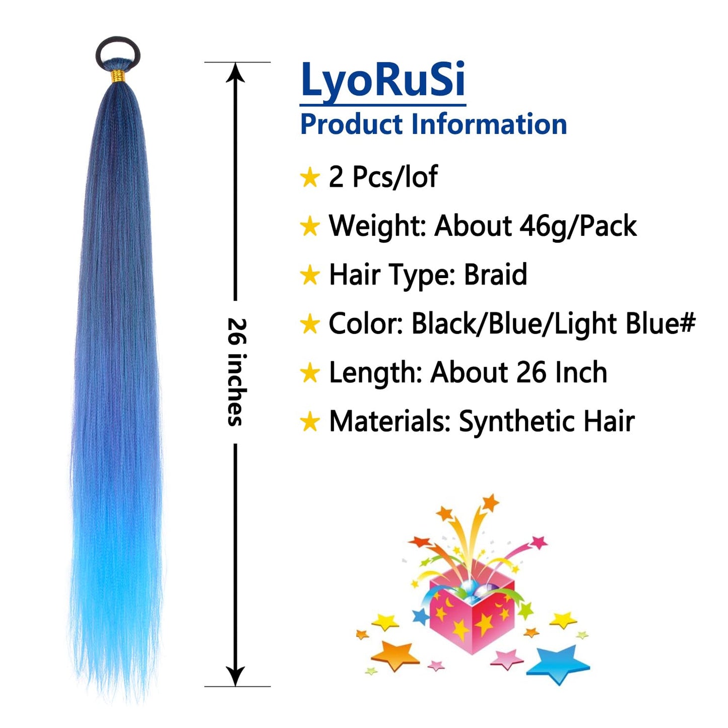 Braid Ponytail Extension with Elastic Tie Straight Sleek Wrap Around Braid Hair Extensions Ponytail Natural Soft Synthetic Hairpiece Blue gradient 26 Inch(Black/Blue/Light Blue#)