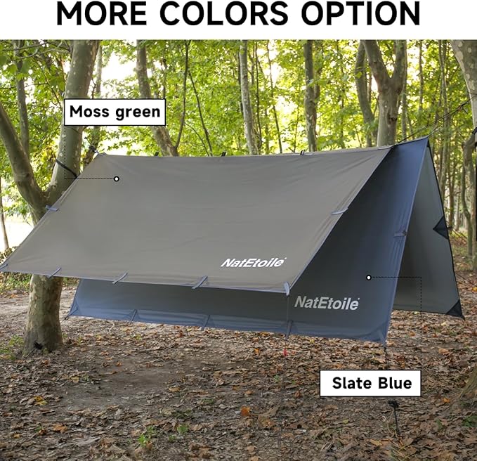 Camping Tarp by NatEtoile - Versatile 10X10 ft Portable Rain Fly for Hammock with 19 Tie-Outs,PU 5000mm Waterproof Sunproof Tarp Shelter - Ideal for Camping, Hiking, Backpacking, and Hammock Cover
