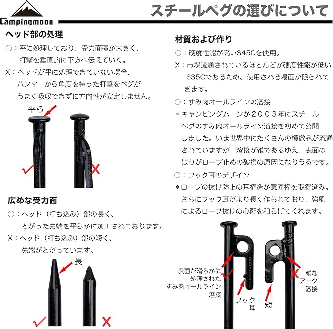 CAMPINGMOON Carbon Steel S45C Black Coating Tent Stake for Hard Ground (JP-T-20-8P)