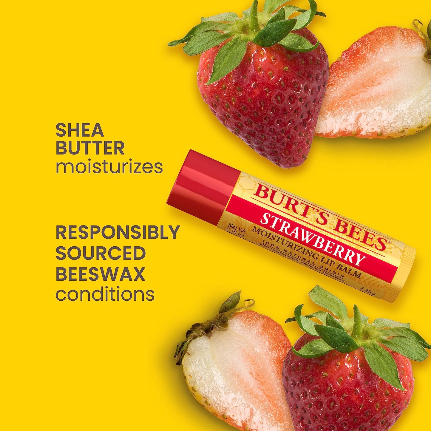 Burt's Bees Lip Balm - Strawberry, Lip Moisturizer With Responsibly Sourced Beeswax, Tint-Free, Natural Origin Conditioning Treatment, 2 Tubes, 0.15 oz.