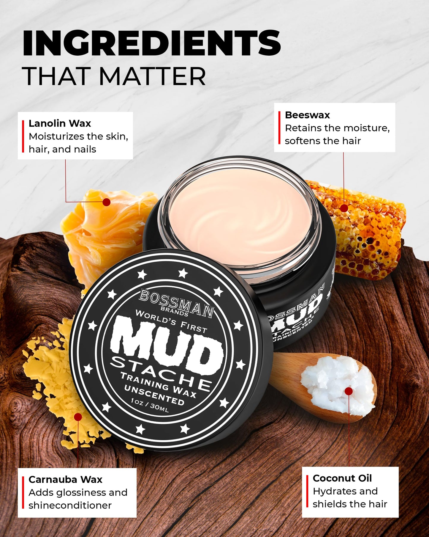Bossman MUDstache Unscented Mustache Wax for Men (1 oz) – Strong 24-Hour Hold, Non-Tacky & Easy to Apply for Taming & Styling