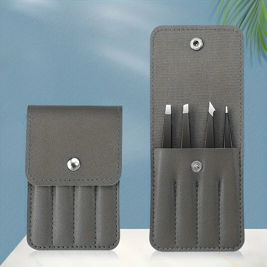 Stainless Steel Eyebrow Tweezers Set for Fake Eyelashes Four-Piece Brown Case Storage Portable Tweezers for Eyebrow Makeup Tools