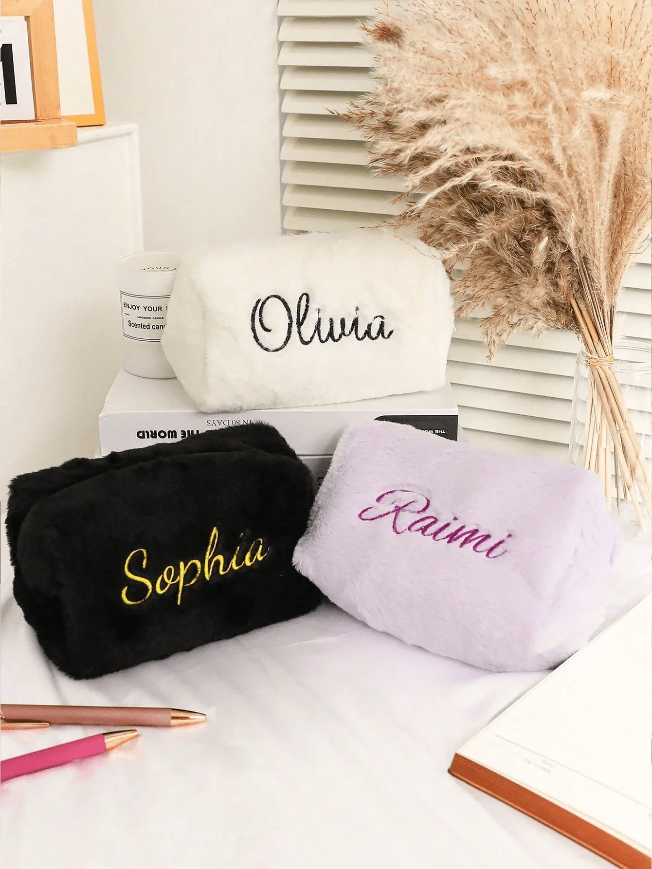 Customized Furry Embroidered Makeup Bag