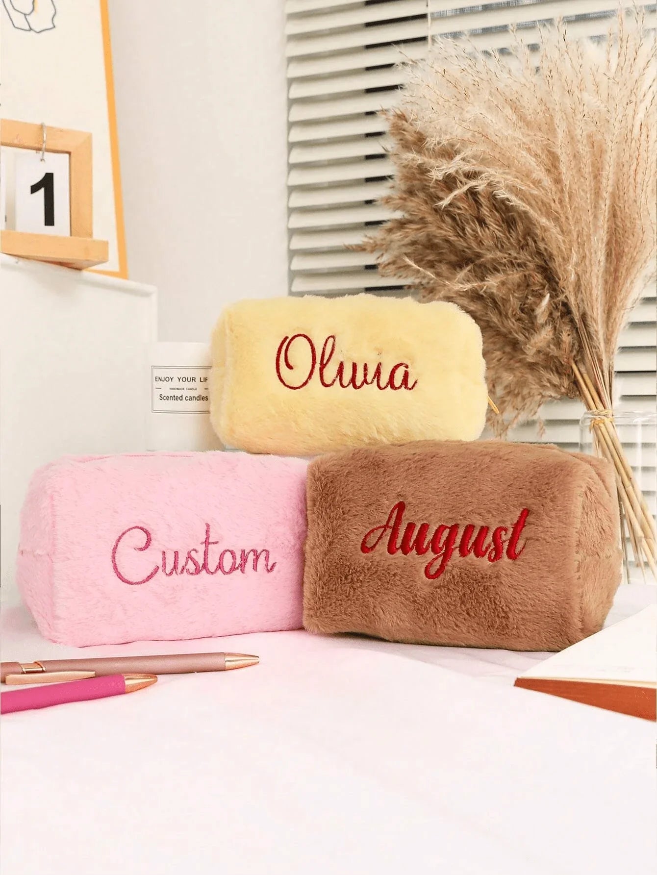 Customized Furry Embroidered Makeup Bag