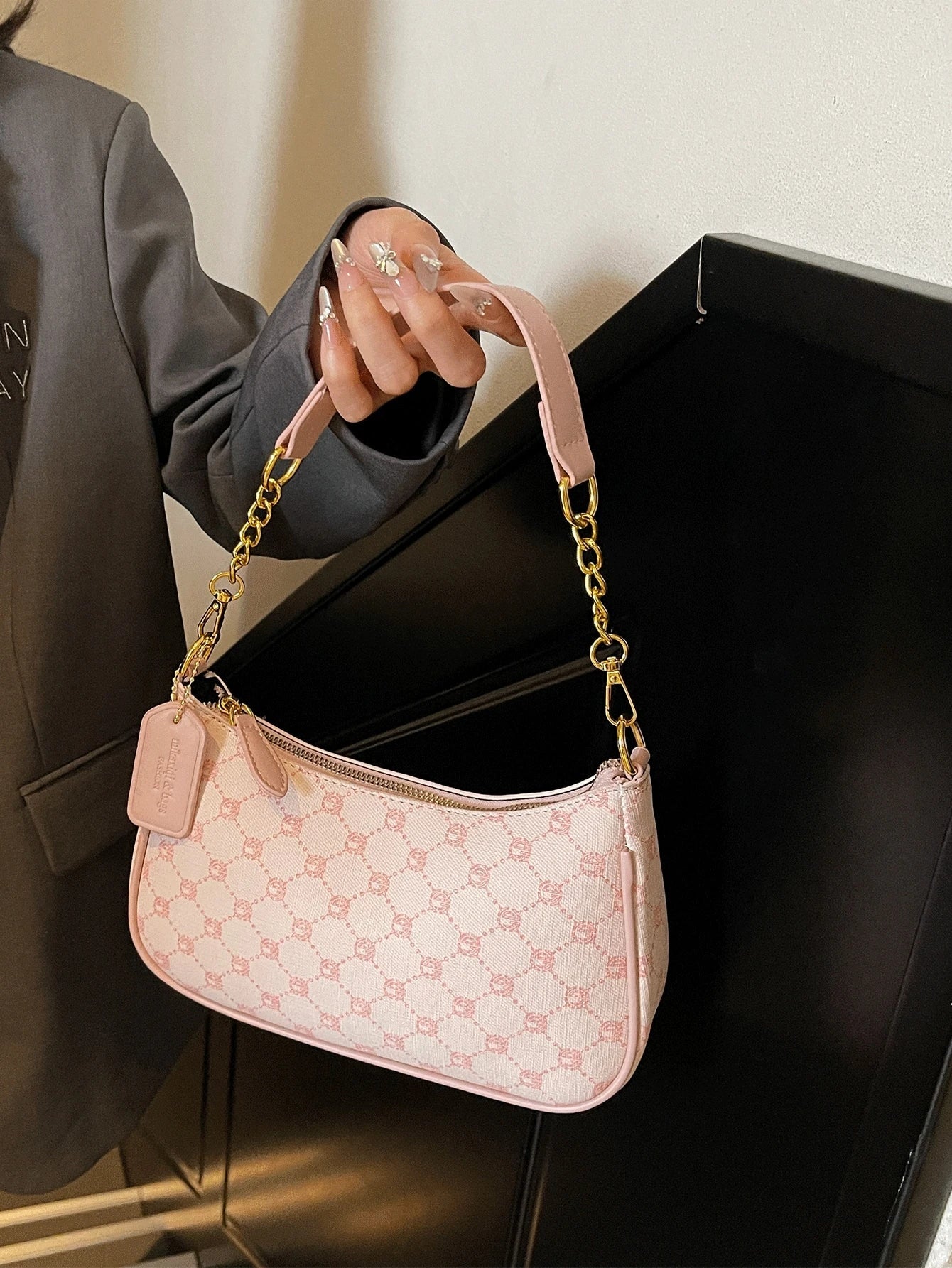 Pink PU Crescent Shoulder Bag
