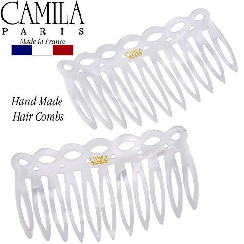 Camila Paris CP3142 French Hair Side Comb Small Handmade White French Twist Hair Combs Decorative, Strong Hold Hair Clips for Women Bun Chignon Up-Do Styling Girls Hair Accessories, Made in France