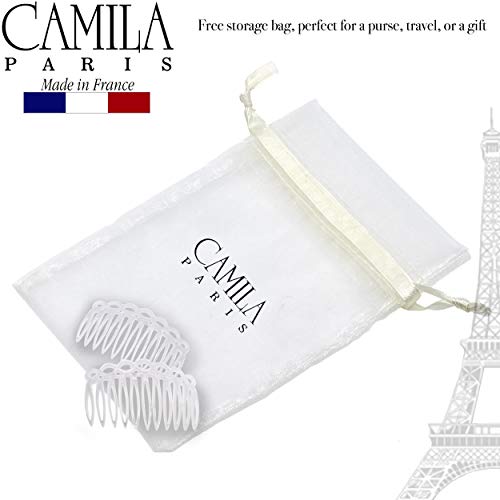 Camila Paris CP3142 French Hair Side Comb Small Handmade White French Twist Hair Combs Decorative, Strong Hold Hair Clips for Women Bun Chignon Up-Do Styling Girls Hair Accessories, Made in France