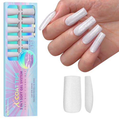 BTArtboxnails XCOATTIPS Cat Eye Nails - Top Coat Needed Glitter Press On Nails Long, Soft Gel Square Fake Nails, Soak Off Acrylic Nails Glue On Nails In 15 Sizes - 150 Nail Extension Set