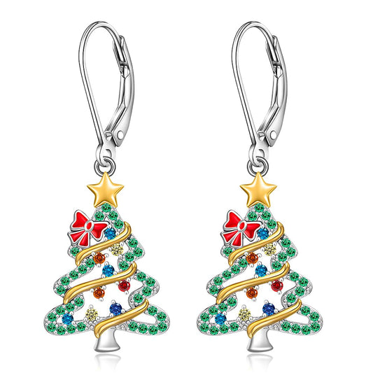 Christmas Tree Earrings Christmas Earrings Women Sterling Silver Dangle Drop S925 Leverback Green Tree X Mas Jewelry
