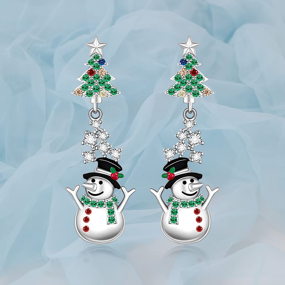 Christmas Tree Snowman Earrings for Women Sterling Silver Tree with Star Holiday Dangle Drop Earrings Colorful CZ Xmas Gifts