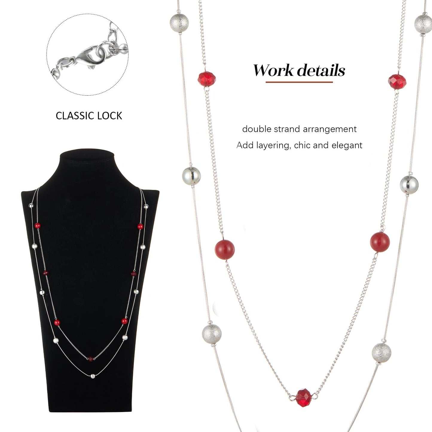 Silver Layered Long Necklace for Women Pearl Crystal Sweater Strand Chain Necklaces Fashion Gifts (Red)