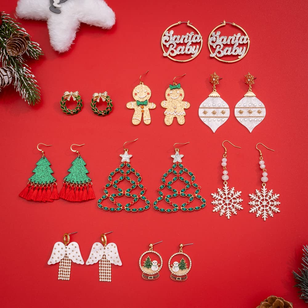 MADISON TYLER Christmas Dangle Snowglobe Earrings for Women | Cutout Christmas Tree and Snowman | Lightweight | Hypoallergenic Jewelry | Xmas Holiday Earrings Gifts for Women