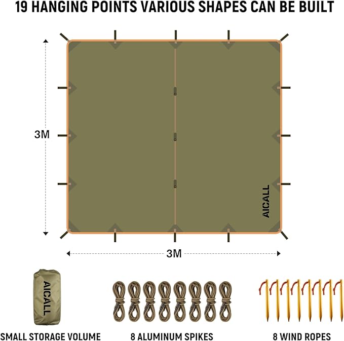 Camping Tarp Waterproof 3m x 3.2m Large Tent Tarp Portable Tarpaulin Anti-UV Shelter Sun Block Sunshade Awning for Camping Hiking Traveling Outdoor Sports (Olive)