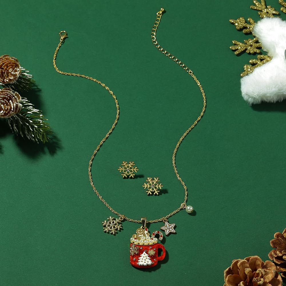 Madison Tyler Mug Christmas Pendant Necklace Set for Women | Statement Christmas Candy Cane Gingerbread Pearl Acrylic Glass | Gold Snowflake Earrings | Xmas Holiday Necklaces