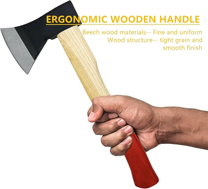 Camping Axe, 15'' Hatchet for Wood Splitting and Chopping, Gardening Small Axe Wooden Handle Tools with Sheath for Camping, Hiking (15inch)