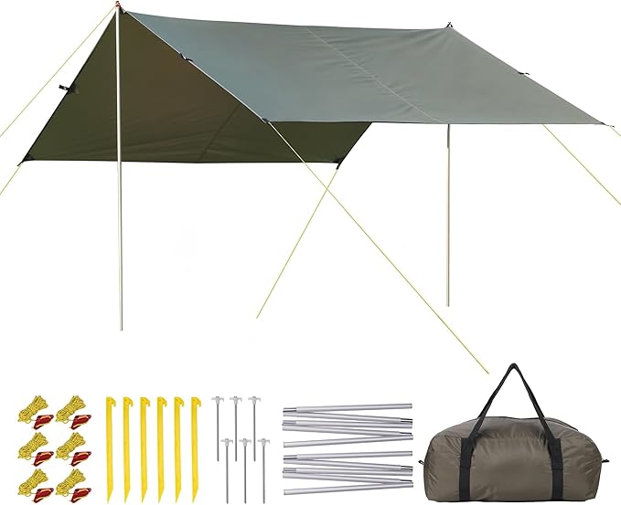 Camping Tarp, 10X9FT Hammock Tent - Waterproof and Anti-UV Protection, Portable and Lightweight, Including Tent Stakes and Carry Bag