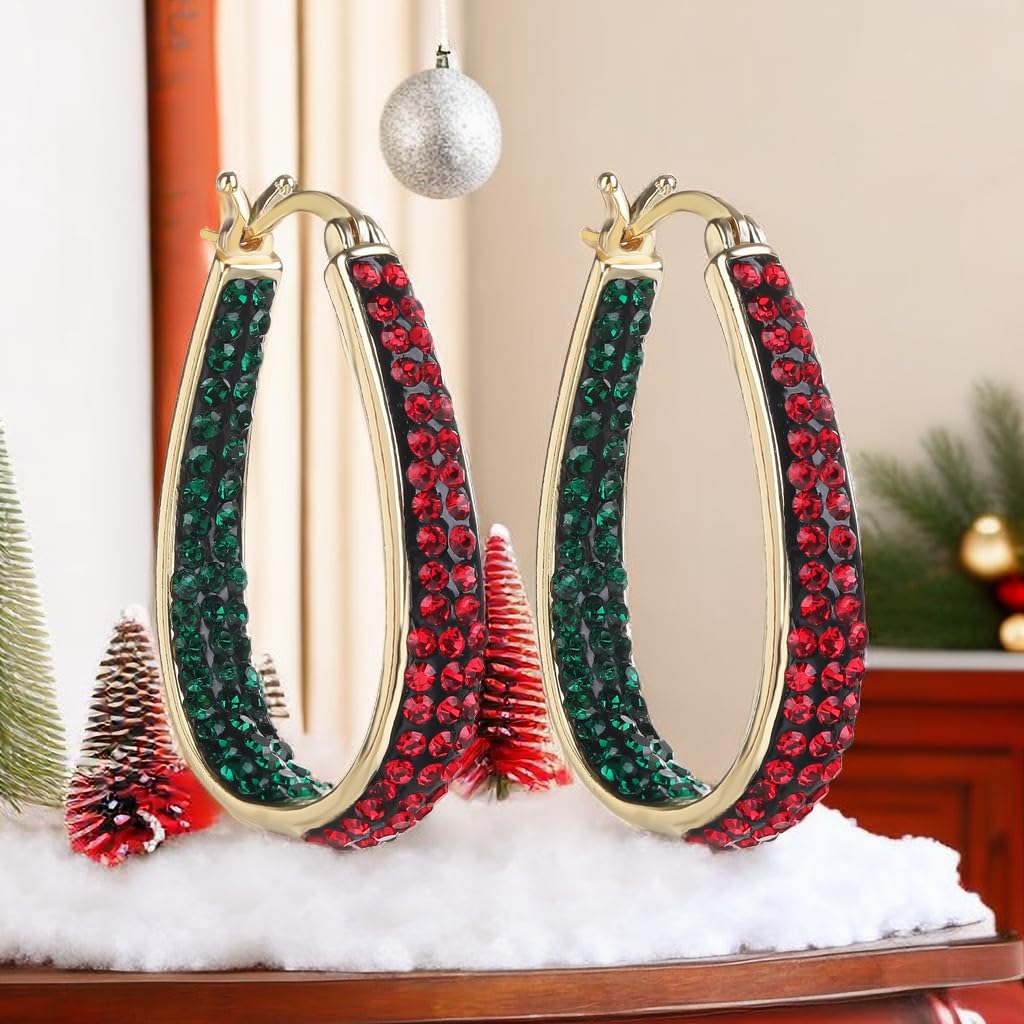 Crystal Hoop Earrings - Silver Plated Inside Out Oval Shape Hoop Earrings for Women, 1.2 Inch (Christmas Gold Plated)