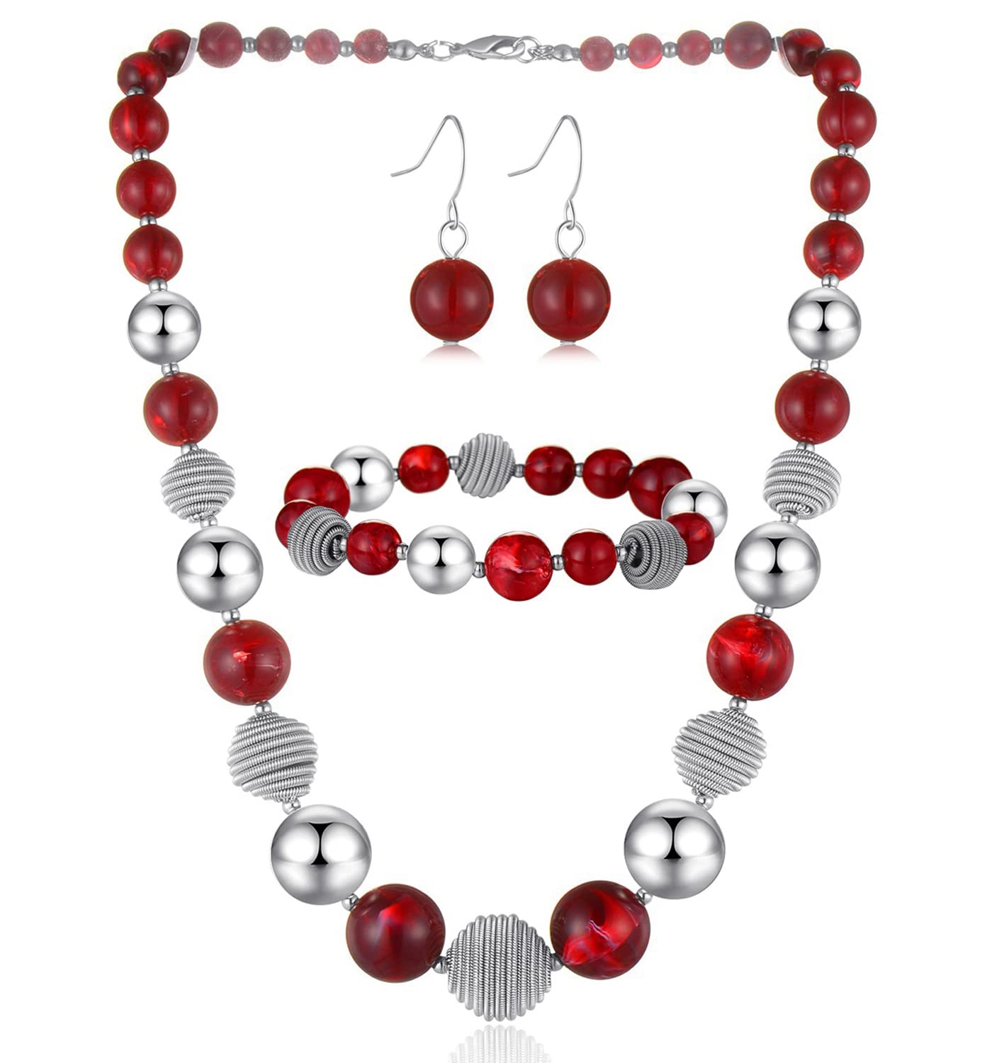PEARL&CLUB Beaded Chunky Statement Necklace Earring and Bracelet Set Silver Metal Bead Fashion Jewelry Set Mothers’ Day Gifts for Women (Red)