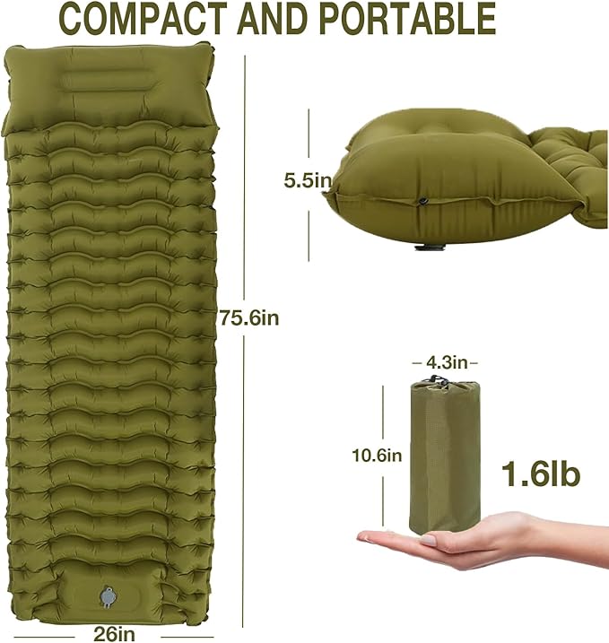 Camping Sleeping Pad, Ultralight Inflatable Sleeping Mat with Pillow, Built-in Foot Pump, Compact Camping Air Mattress for Camping Backpacking Hiking Tent Traveling