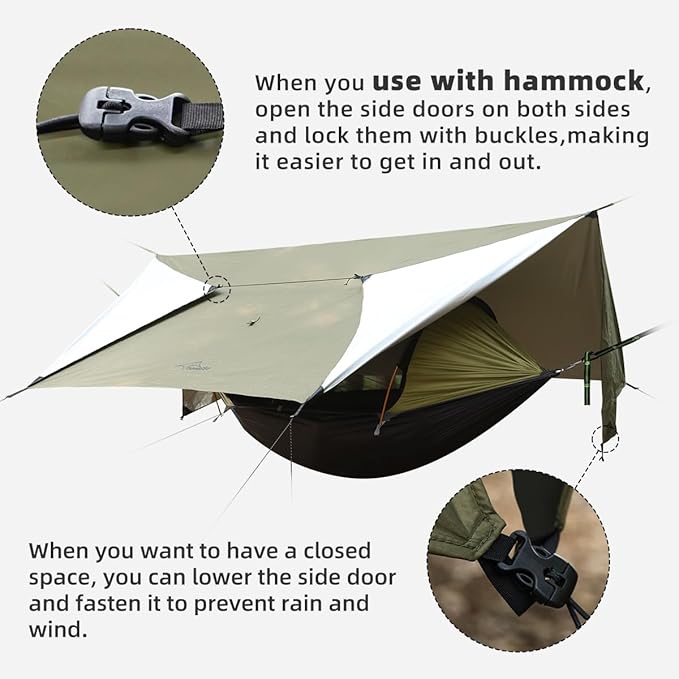 Camping Tent Tarp Waterproof, Ultralight Hammock Rain Fly, Portable Rain Tarp Canopy with Doors, Multifunctional Bushcraft Tarp for Outdoor Backpacking Hiking, UV Protection