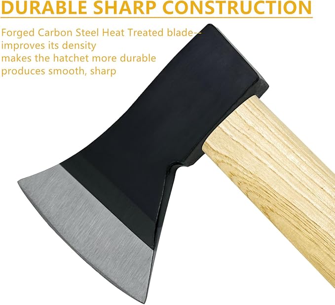 Camping Axe, 15'' Hatchet for Wood Splitting and Chopping, Gardening Small Axe Wooden Handle Tools with Sheath for Camping, Hiking (15inch)