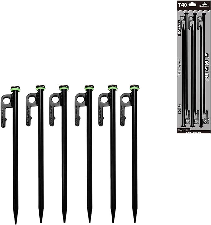 CAMPINGMOON 15.7-inch 6pcs Carbon Steel S45C Black Skin Cation Electrodeposition Coating Tent Stake for Hard Ground T-40-6P