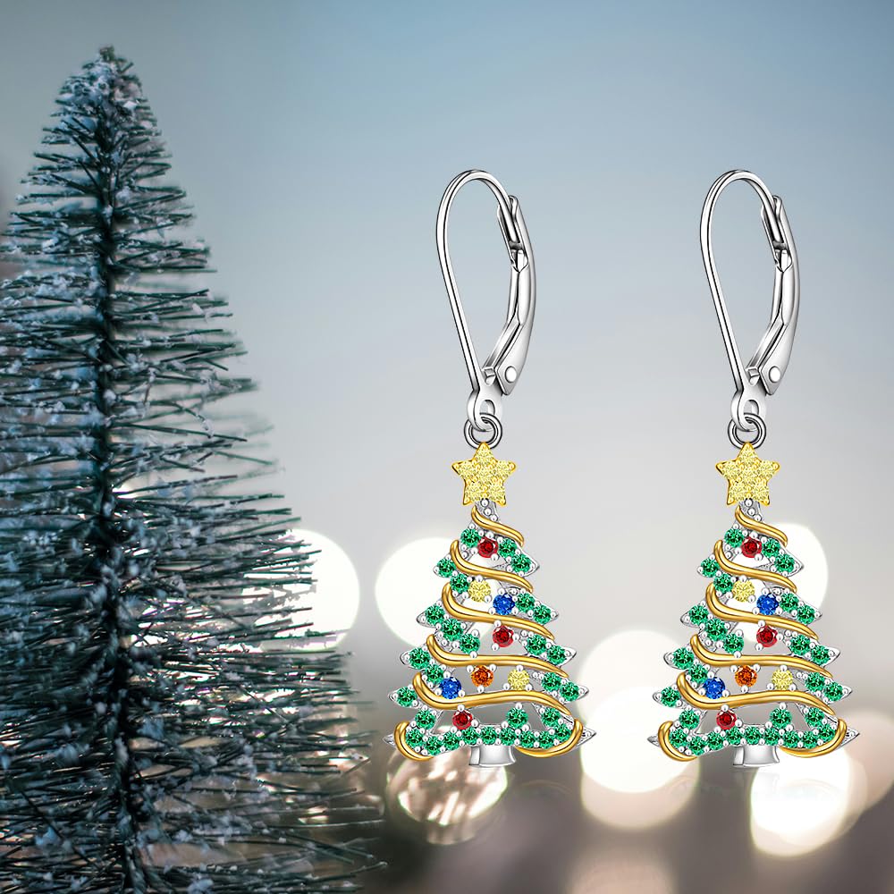 Christmas Earrings Christmas Tree Earrings for Women Sterling Silver Ribbon Green Xmas Tree Colorful Zircon Winter Dangle Studs Holiday Jewelry Gifts
