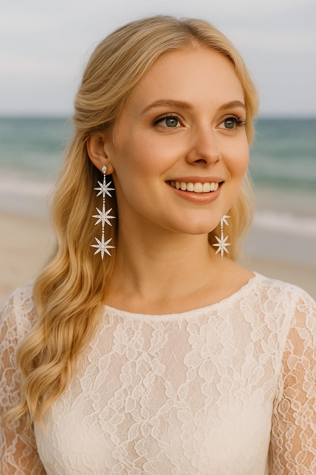 Blingsoul Silver Star Dangle Earrings – Silver Rhinestone Earrings Dangling Style with Hexagram Star Earrings for Women Brides | [J100047] Star Snowflakes | Silver