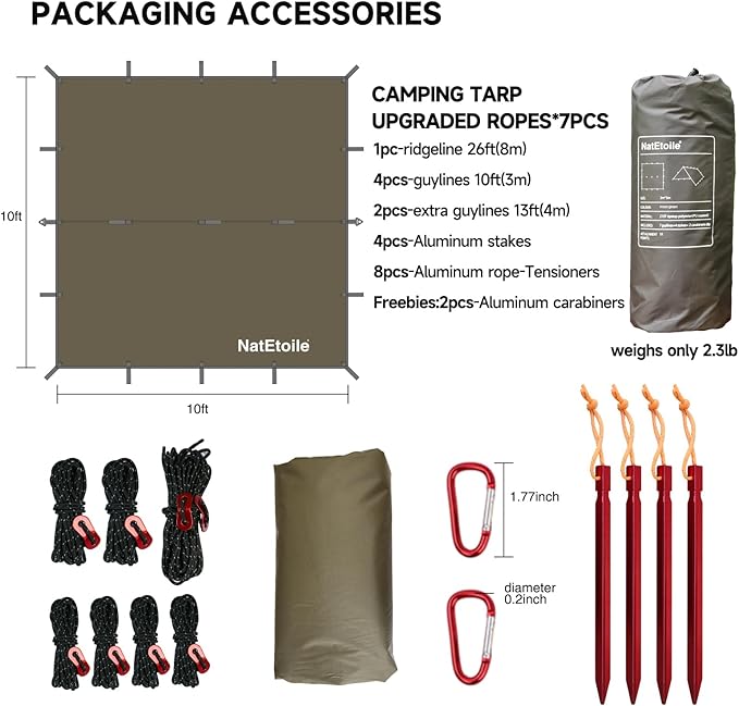 Camping Tarp by NatEtoile - Versatile 10X10 ft Portable Rain Fly for Hammock with 19 Tie-Outs,PU 5000mm Waterproof Sunproof Tarp Shelter - Ideal for Camping, Hiking, Backpacking, and Hammock Cover