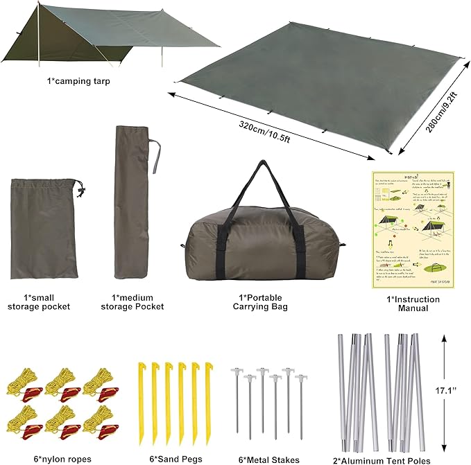 Camping Tarp, 10X9FT Hammock Tent - Waterproof and Anti-UV Protection, Portable and Lightweight, Including Tent Stakes and Carry Bag