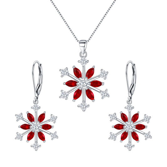 EVER FAITH Snowflake Jewerly Set 925 Sterling Silver Winter Accessory Sparkle Red CZ Flower Necklace Leverback Earrings Sets