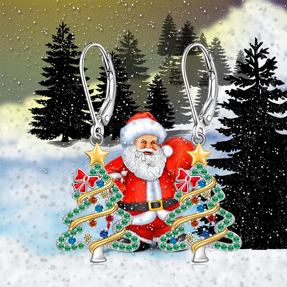 Christmas Tree Earrings Christmas Earrings Women Sterling Silver Dangle Drop S925 Leverback Green Tree X Mas Jewelry