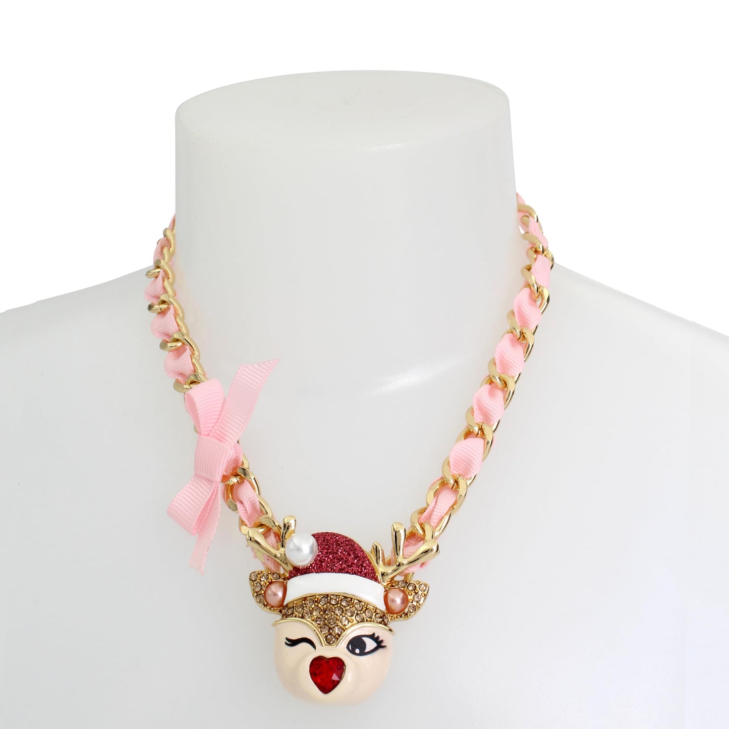Betsey Johnson Womens Jingle Bell Bling Christmas Reindeer Pendant Necklace