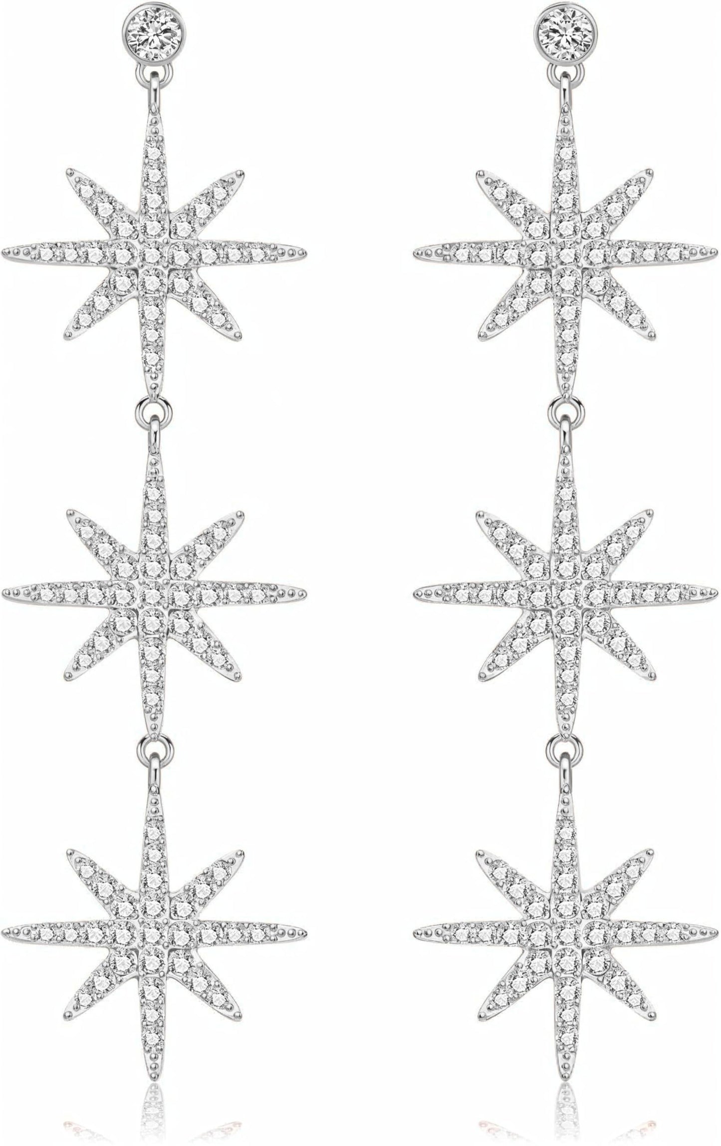 Blingsoul Silver Star Dangle Earrings – Silver Rhinestone Earrings Dangling Style with Hexagram Star Earrings for Women Brides | [J100047] Star Snowflakes | Silver