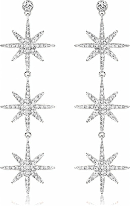 Blingsoul Silver Star Dangle Earrings – Silver Rhinestone Earrings Dangling Style with Hexagram Star Earrings for Women Brides | [J100047] Star Snowflakes | Silver