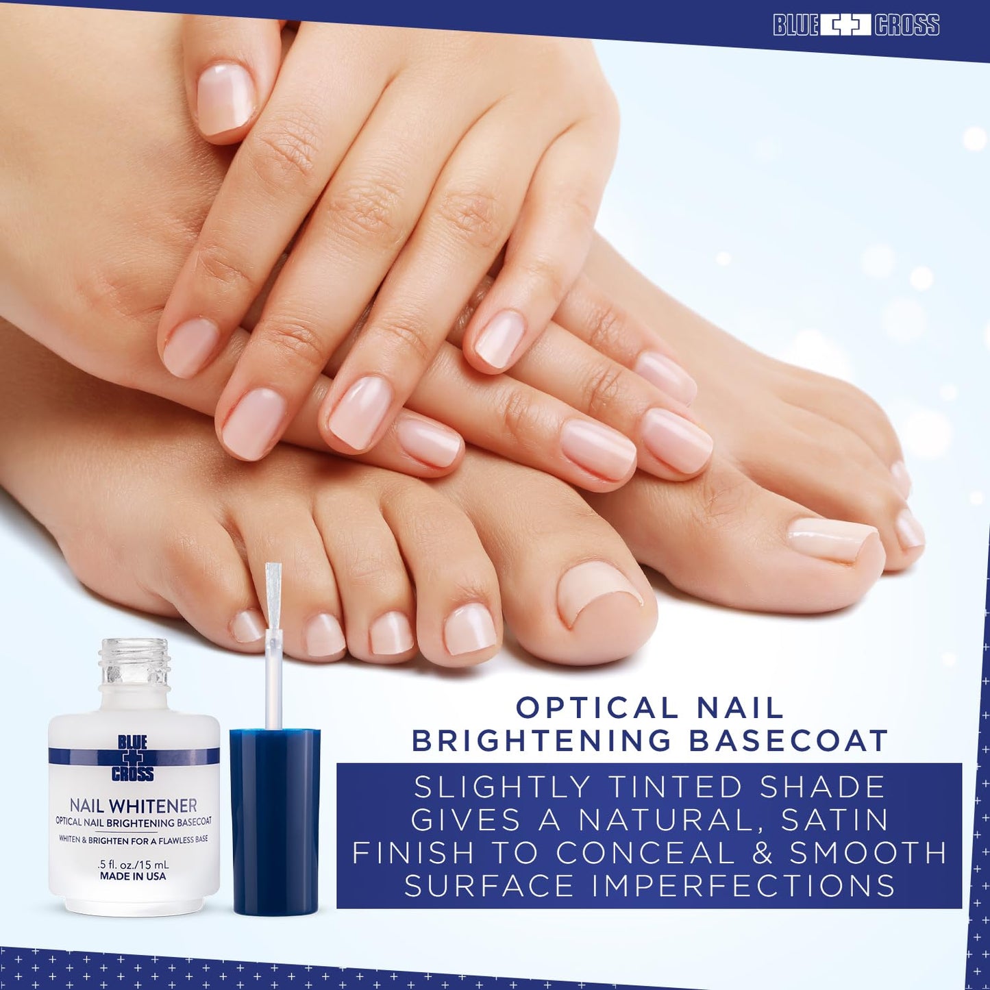 Blue Cross Nail Whitener, Professional Optical Brightening Basecoat Nail Concealer Polish with Vitamin E, Lemon Lime Extracts, Made in USA, 15mL