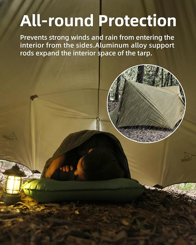 Camping Tent Tarp Waterproof, Ultralight Hammock Rain Fly, Portable Rain Tarp Canopy with Doors, Multifunctional Bushcraft Tarp for Outdoor Backpacking Hiking, UV Protection