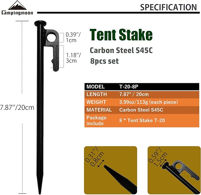 CAMPINGMOON 8pcs Carbon Steel S45C Black Coating Tent Stake for Hard Ground (【 7.87-inch 8pcs set】)