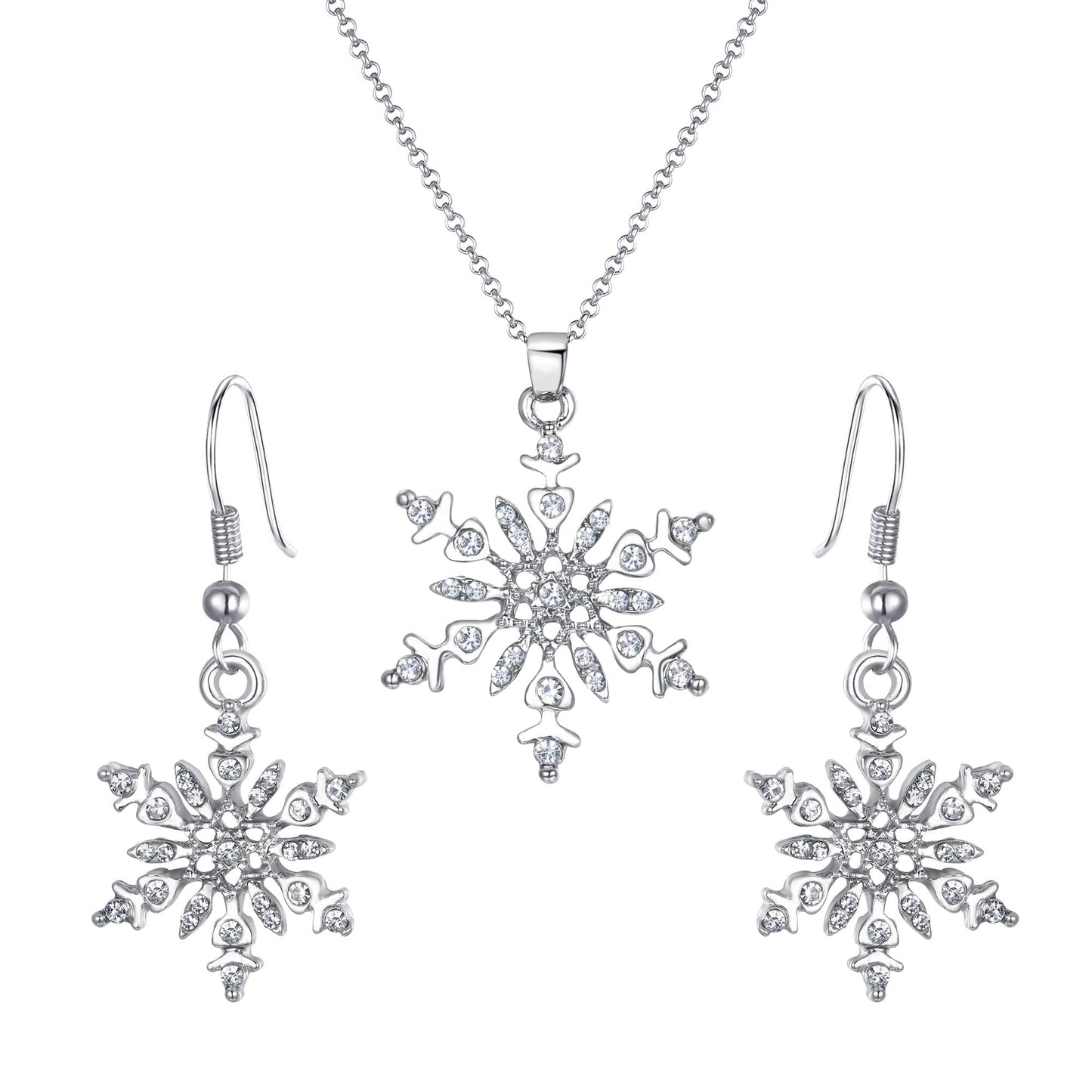 BriLove Women's Crystal Winter Daily Party Elegant Snowflake Pendant Necklace Hook Dangle Earrings Set for Gift Clear Silver-Tone