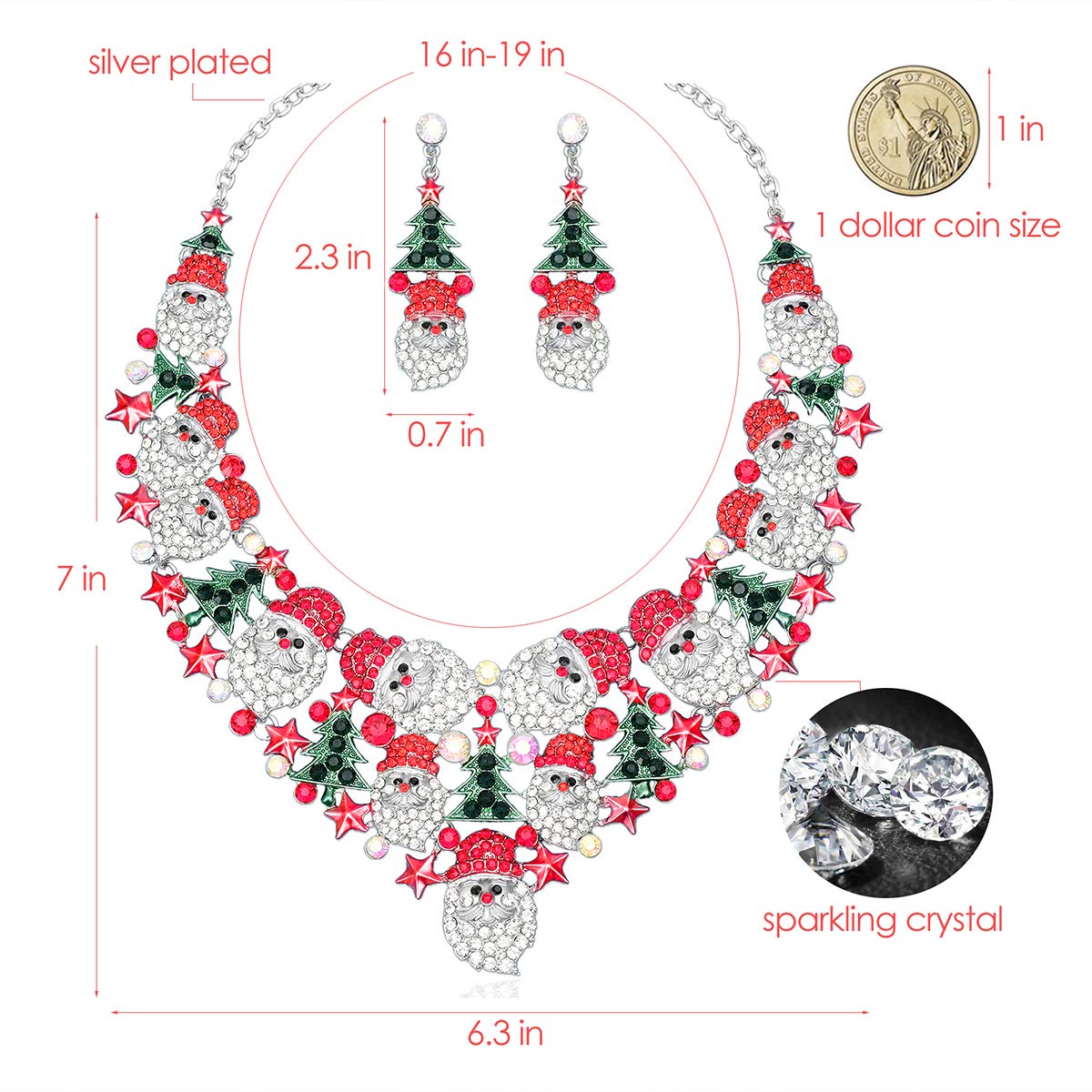 Luxury Statement Bib Necklace Earrings Santa Claus Christmas Tree Element Party Costume Jewelry Set Xmas Gift for Women