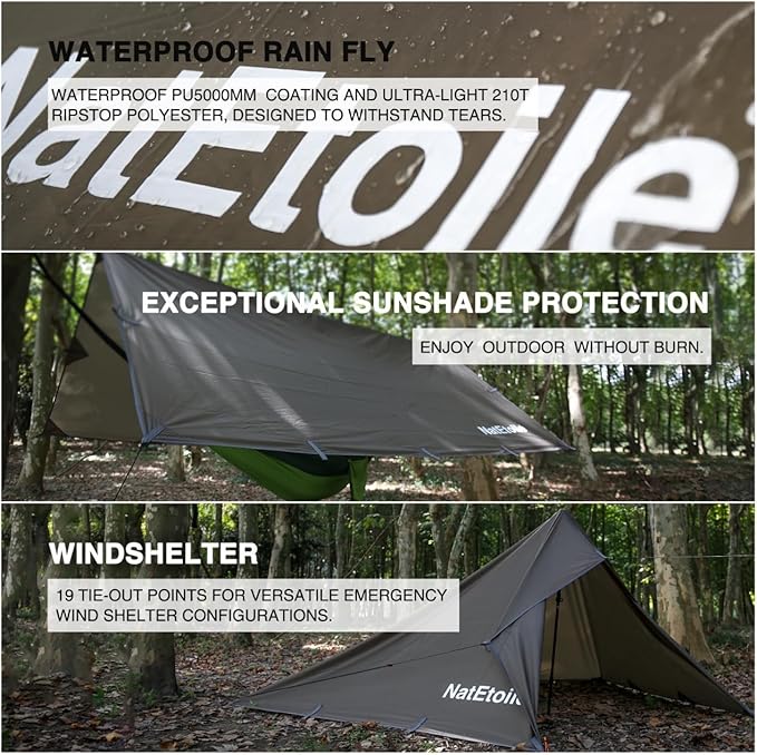 Camping Tarp by NatEtoile - Versatile 10X10 ft Portable Rain Fly for Hammock with 19 Tie-Outs,PU 5000mm Waterproof Sunproof Tarp Shelter - Ideal for Camping, Hiking, Backpacking, and Hammock Cover
