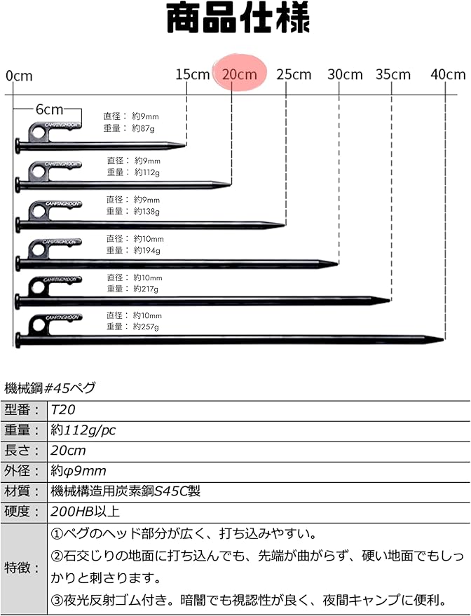 CAMPINGMOON Carbon Steel S45C Black Coating Tent Stake for Hard Ground (JP-T-20-8P)