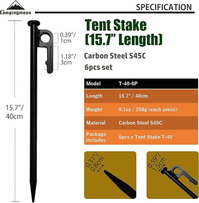 CAMPINGMOON 15.7-inch 6pcs Carbon Steel S45C Black Skin Cation Electrodeposition Coating Tent Stake for Hard Ground T-40-6P