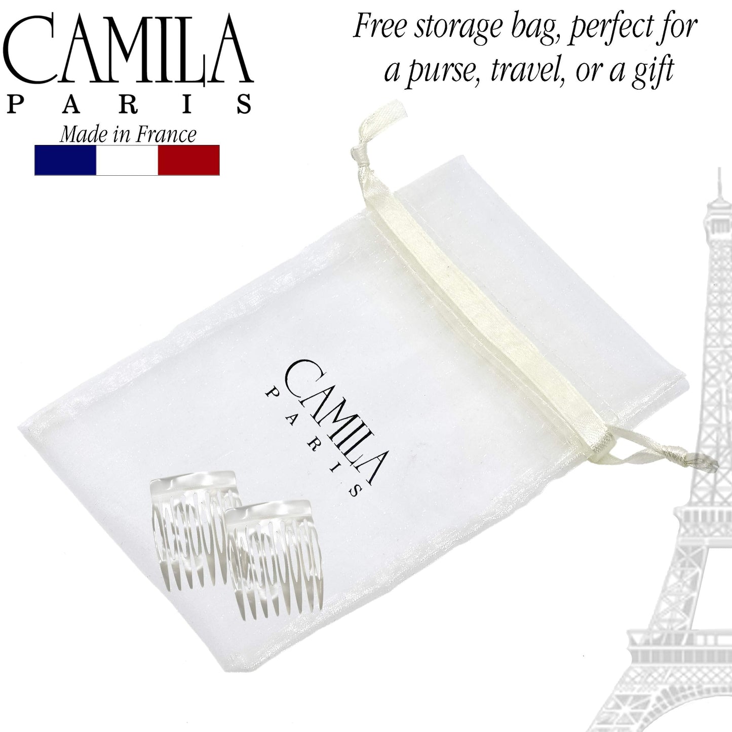 Camila Paris CP3010 French Hair Side Comb Handmade Small Pearl French Twist Hair Combs Decorative, Strong Hold Hair Clips for Women Bun Chignon Up-Do Styling Girls Hair Accessories, Made in France