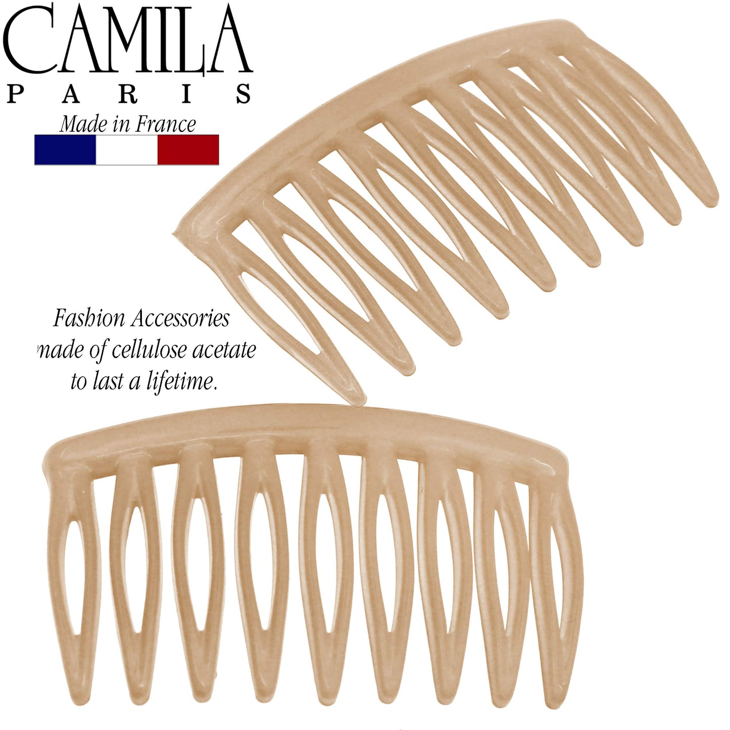 Camila Paris CP3109 French Hair Side Comb, Small, Curved Beige French Twist Hair Combs Decorative, Strong Hold Hair Clips for Women Bun Chignon Up-Do Styling Girls Hair Accessories, Made in France