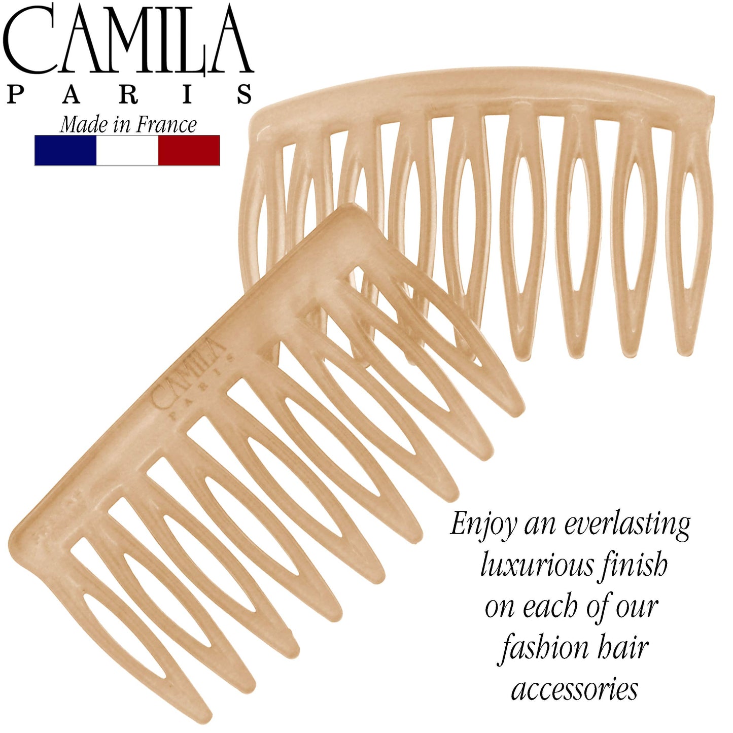 Camila Paris CP3109 French Hair Side Comb, Small, Curved Beige French Twist Hair Combs Decorative, Strong Hold Hair Clips for Women Bun Chignon Up-Do Styling Girls Hair Accessories, Made in France