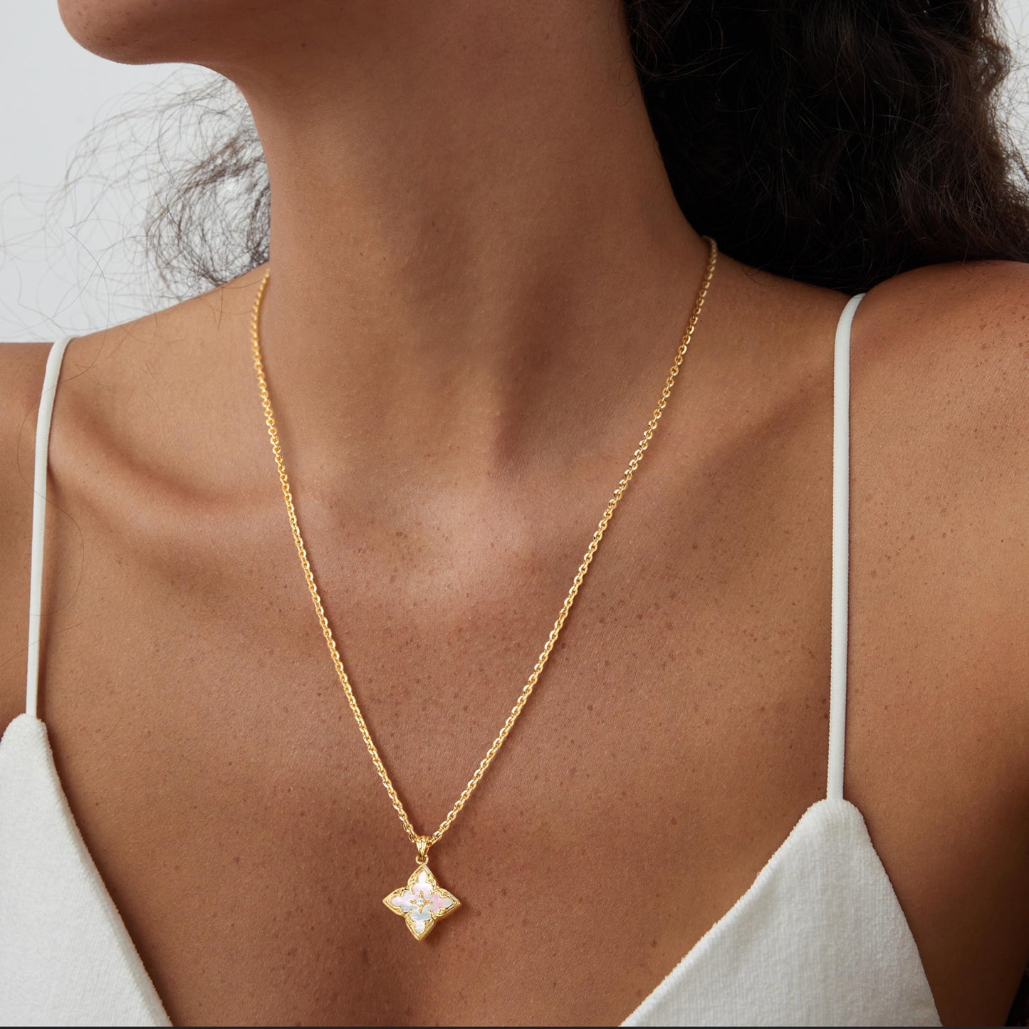 Fettero Gold Clover Necklace for Women Dainty 14K Gold Plated CZ Pendant Necklace Charm Colorful Clover Pendant Lucky Necklaces for Women Jewelry - White Mother of Pearl