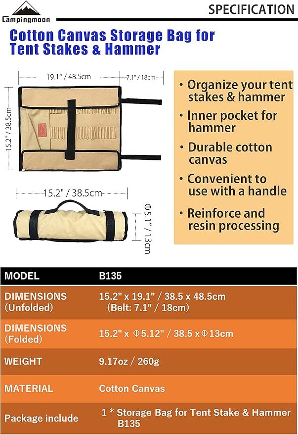 CAMPINGMOON Cotton Canvas Tent Stakes Case Storage Bag Max 13.78’’/35cm in Length Beige Color B135