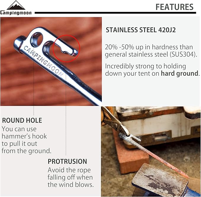 CAMPINGMOON 7.87-inch 8pcs Martensitic Stainless Steel 420J2 Hardened Forged Tent Stake Power Peg Ideal for Hard Ground R-20-8P…